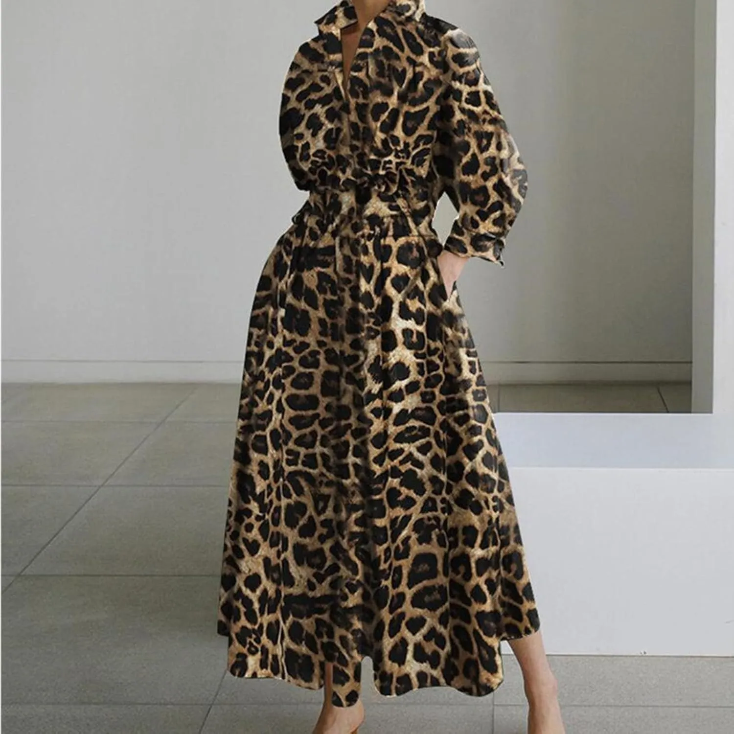 Plus Size Dresses for Curvy Women Long Sleeve Leopard Print Empire Waist Button Up Maxi Dress Causal Ruffle Dresses