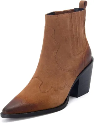 Pointed Toe Boots for Women Ankle Booties Mid Heel Thick Square Heel Slip On Western Boots
