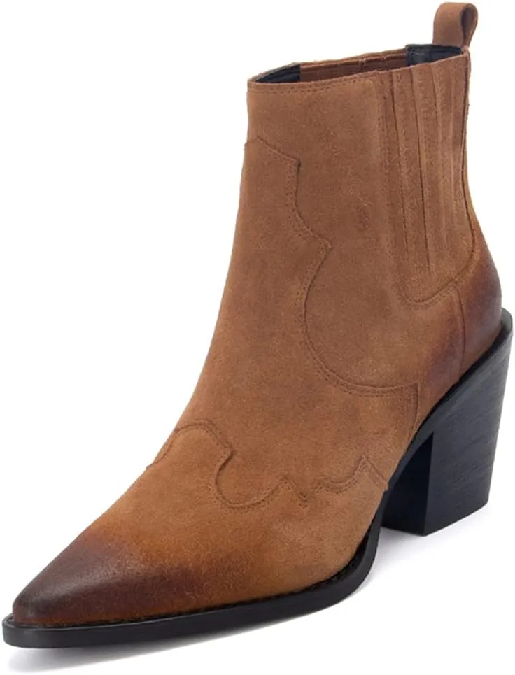 Pointed Toe Boots for Women Ankle Booties Mid Heel Thick Square Heel Slip On Western Boots