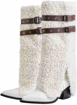 Pointed Toe Thick Heel Boots,Lambskin Boots,Faux Leather Upper,Suitable for a Variety of Occasions,Easy to Match