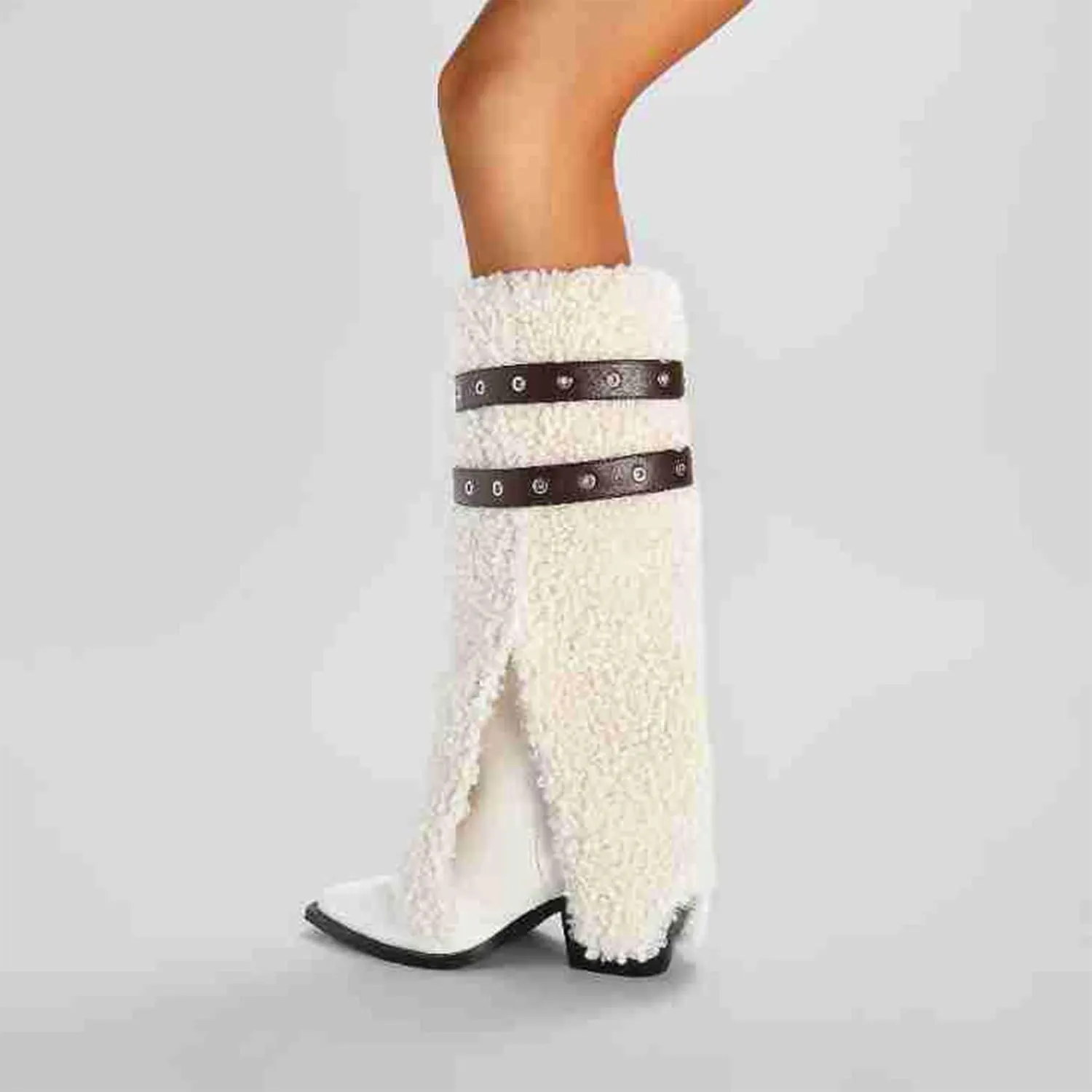 Pointed Toe Thick Heel Boots,Lambskin Boots,Faux Leather Upper,Suitable for a Variety of Occasions,Easy to Match