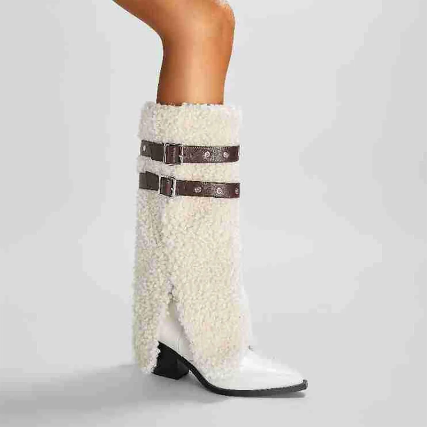 Pointed Toe Thick Heel Boots,Lambskin Boots,Faux Leather Upper,Suitable for a Variety of Occasions,Easy to Match