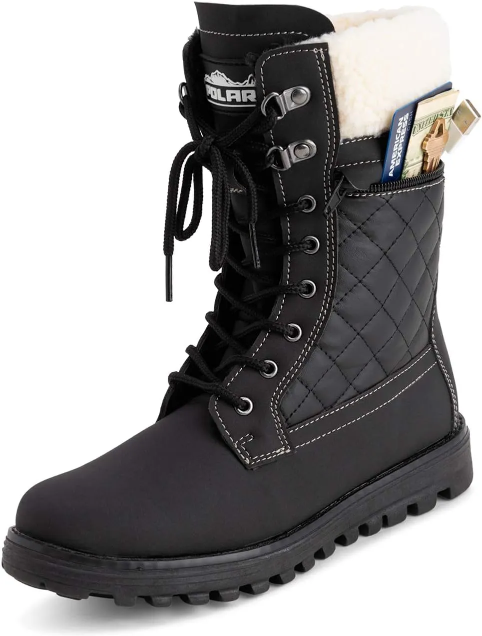 POLAR Womens Memory Foam Outside Pocket Inside Zip Thermal Waterproof Deep Tread Rubber Sole Snow Boots