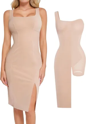 Popilush Leather Dress with Built in Shapewear Square Neck Slit Midi Dresses Faux Leather Concert Club Outfits for Women