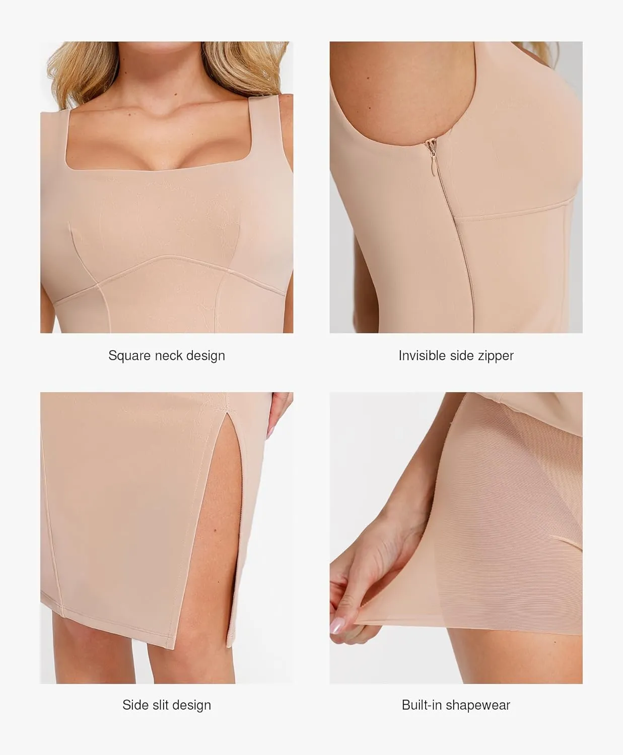 Popilush Leather Dress with Built in Shapewear Square Neck Slit Midi Dresses Faux Leather Concert Club Outfits for Women