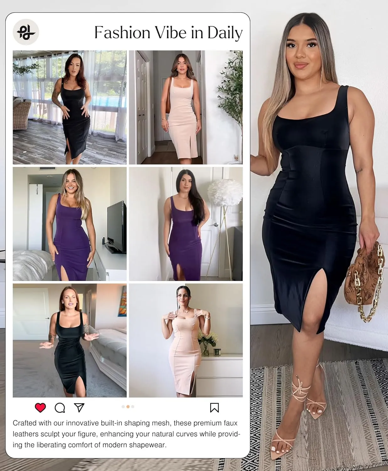 Popilush Leather Dress with Built in Shapewear Square Neck Slit Midi Dresses Faux Leather Concert Club Outfits for Women