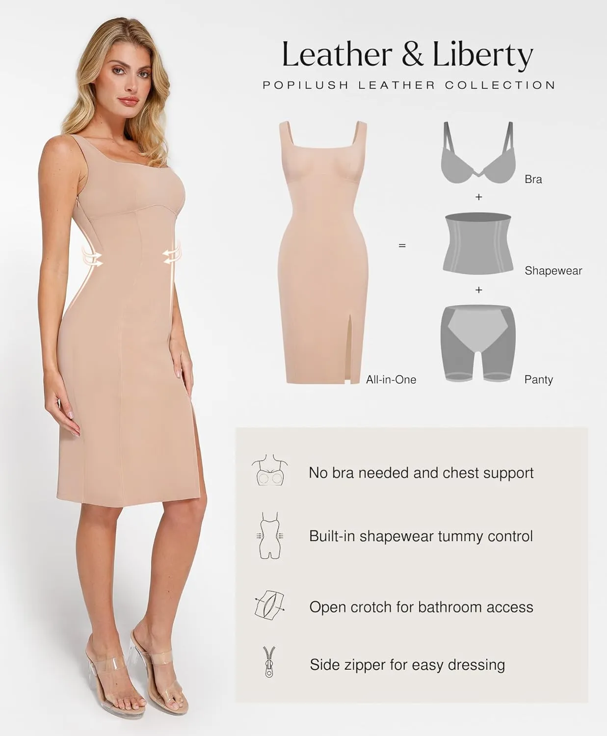 Popilush Leather Dress with Built in Shapewear Square Neck Slit Midi Dresses Faux Leather Concert Club Outfits for Women