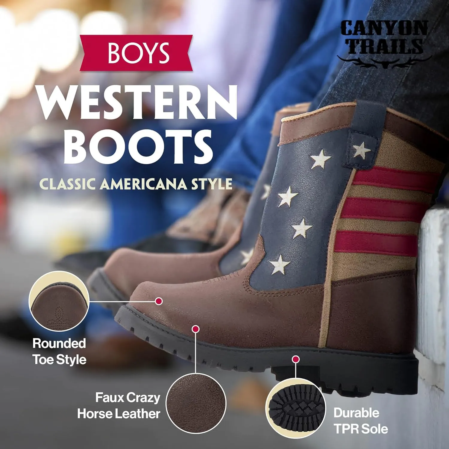 Premium Kids Cowboy Boots - Comfort Fit, Breathable Cowboy Boots Rounded Toe Style - Durable & Stylish Western Wear,Faux Leather Cowboy Boots for Kids