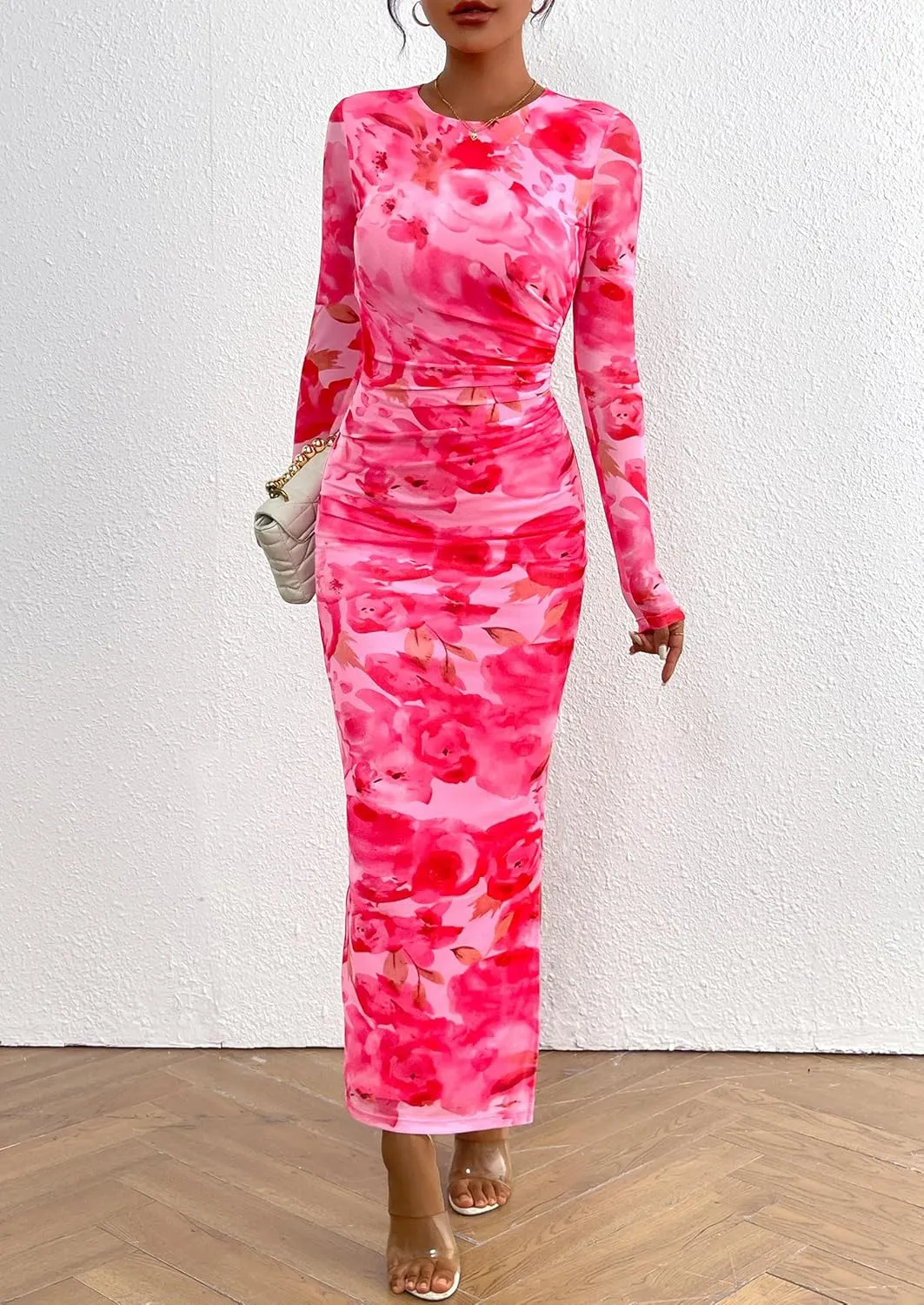 PRETTYGARDEN Women's Bodycon Maxi Dress Fall Spring Fashion Long Sleeve Floral Print Tight Fitted Party Club Ruched Dresses