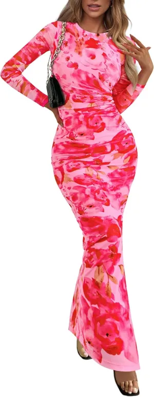 PRETTYGARDEN Women's Bodycon Maxi Dress Fall Spring Fashion Long Sleeve Floral Print Tight Fitted Party Club Ruched Dresses