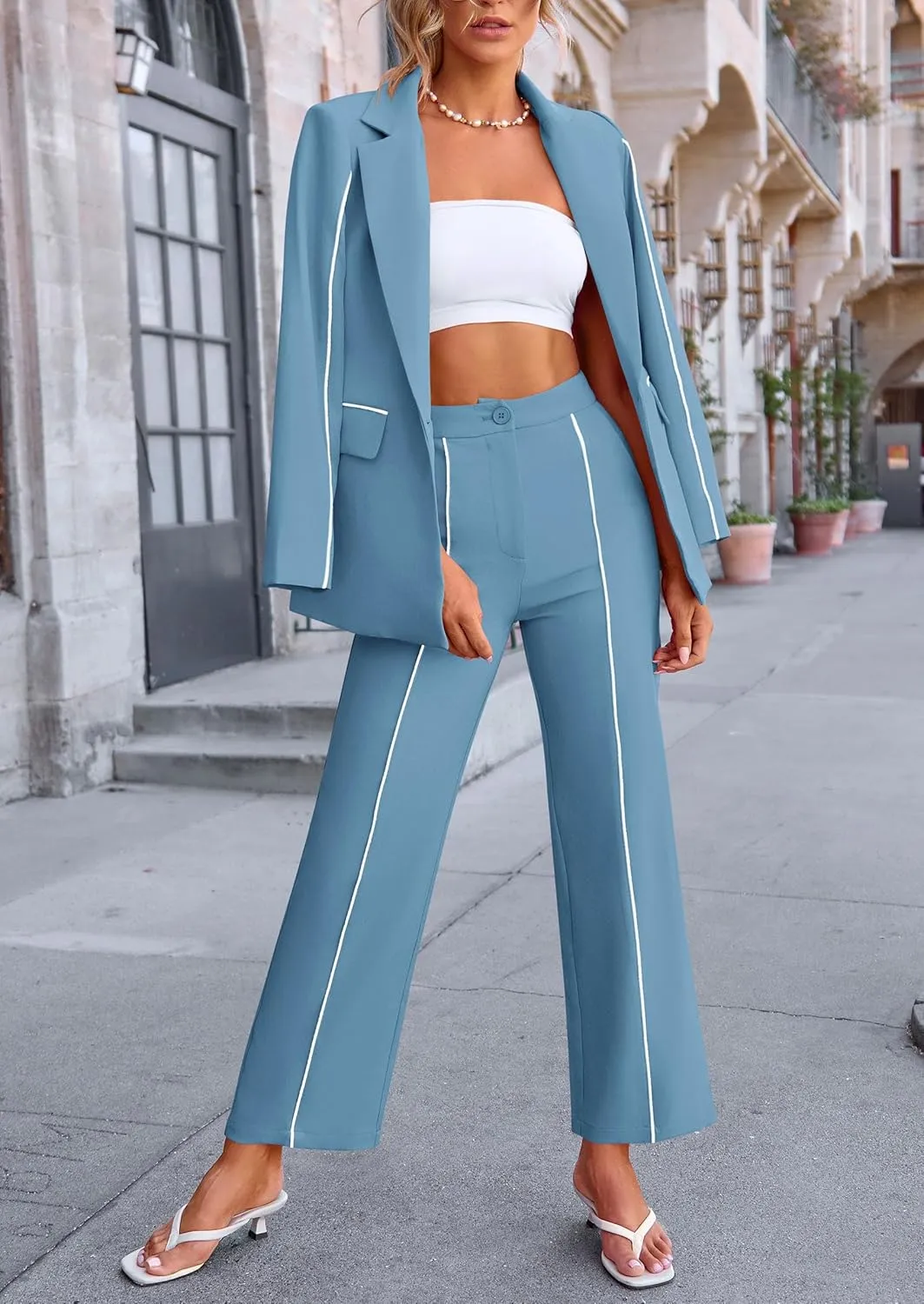PRETTYGARDEN Women's Fall Spring 2 Piece Blazer Outfits Business Casual Oversized Jacket Wide Leg Work Pants Dressy Suit Set