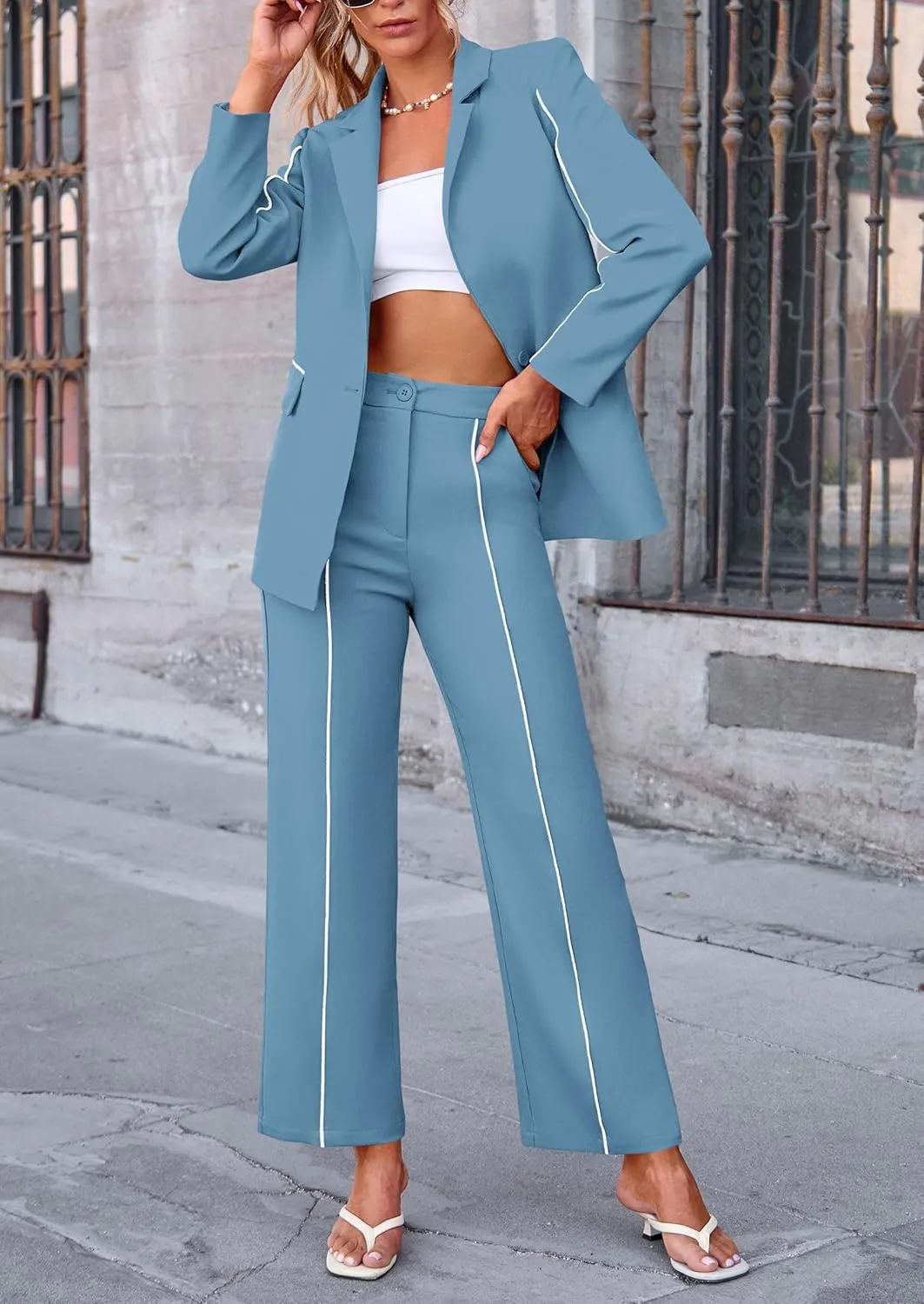 PRETTYGARDEN Women's Fall Spring 2 Piece Blazer Outfits Business Casual Oversized Jacket Wide Leg Work Pants Dressy Suit Set