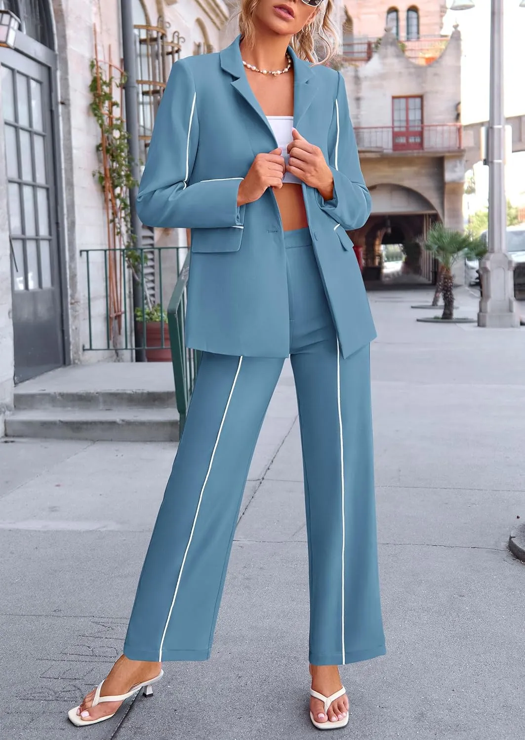PRETTYGARDEN Women's Fall Spring 2 Piece Blazer Outfits Business Casual Oversized Jacket Wide Leg Work Pants Dressy Suit Set
