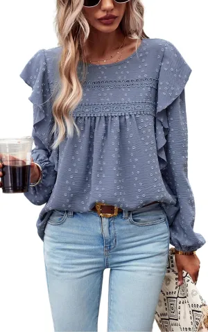 PRETTYGARDEN Women's Long Sleeve Blouses Ruffle Swiss Dot Crochet Loose Fit 2025 Spring Fall Tunic Dressy Casual Tops