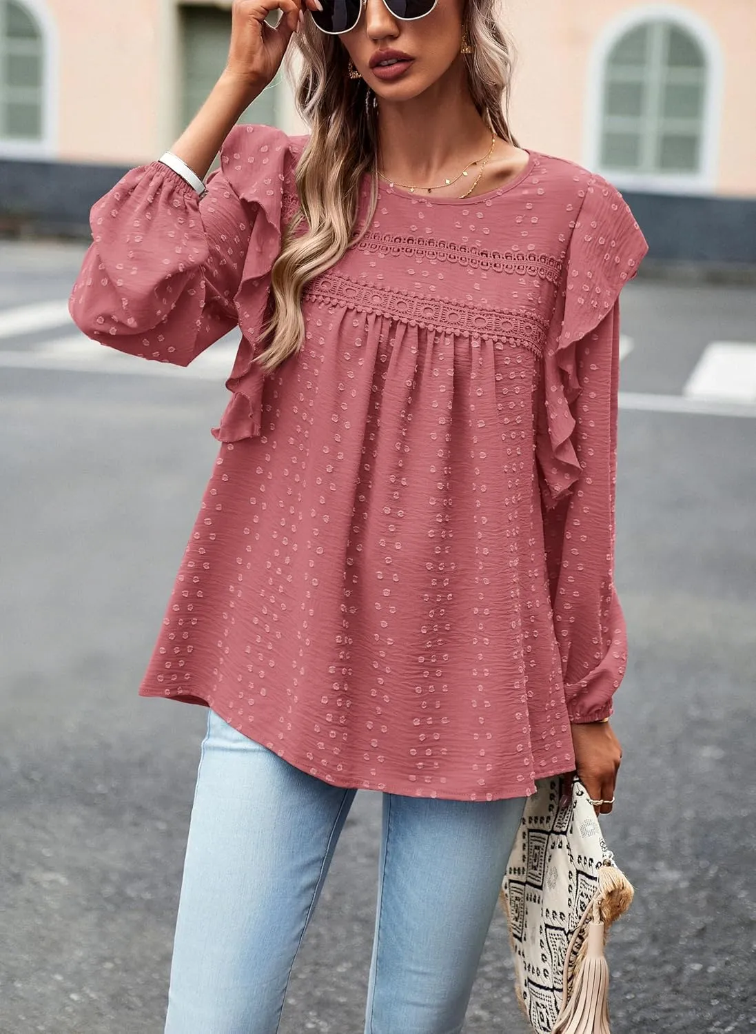 PRETTYGARDEN Women's Long Sleeve Blouses Ruffle Swiss Dot Crochet Loose Fit 2025 Spring Fall Tunic Dressy Casual Tops