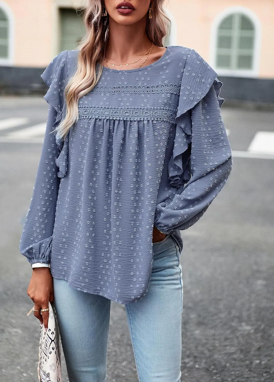 PRETTYGARDEN Women's Long Sleeve Blouses Ruffle Swiss Dot Crochet Loose Fit 2025 Spring Fall Tunic Dressy Casual Tops