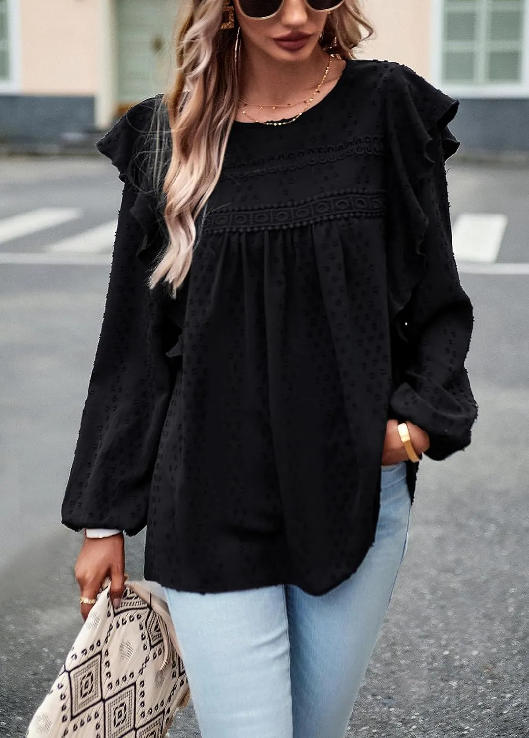 PRETTYGARDEN Women's Long Sleeve Blouses Ruffle Swiss Dot Crochet Loose Fit 2025 Spring Fall Tunic Dressy Casual Tops