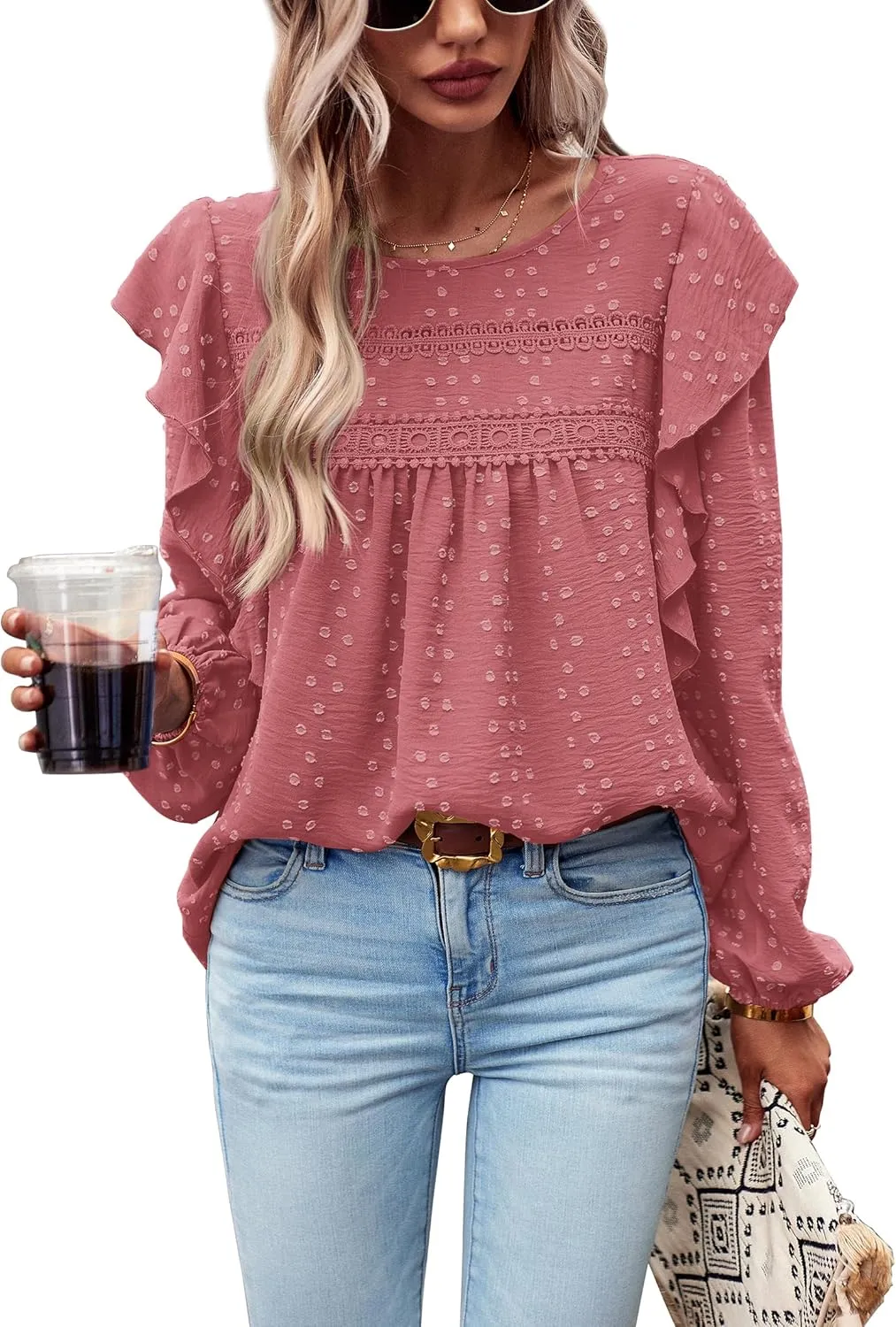 PRETTYGARDEN Women's Long Sleeve Blouses Ruffle Swiss Dot Crochet Loose Fit 2025 Spring Fall Tunic Dressy Casual Tops