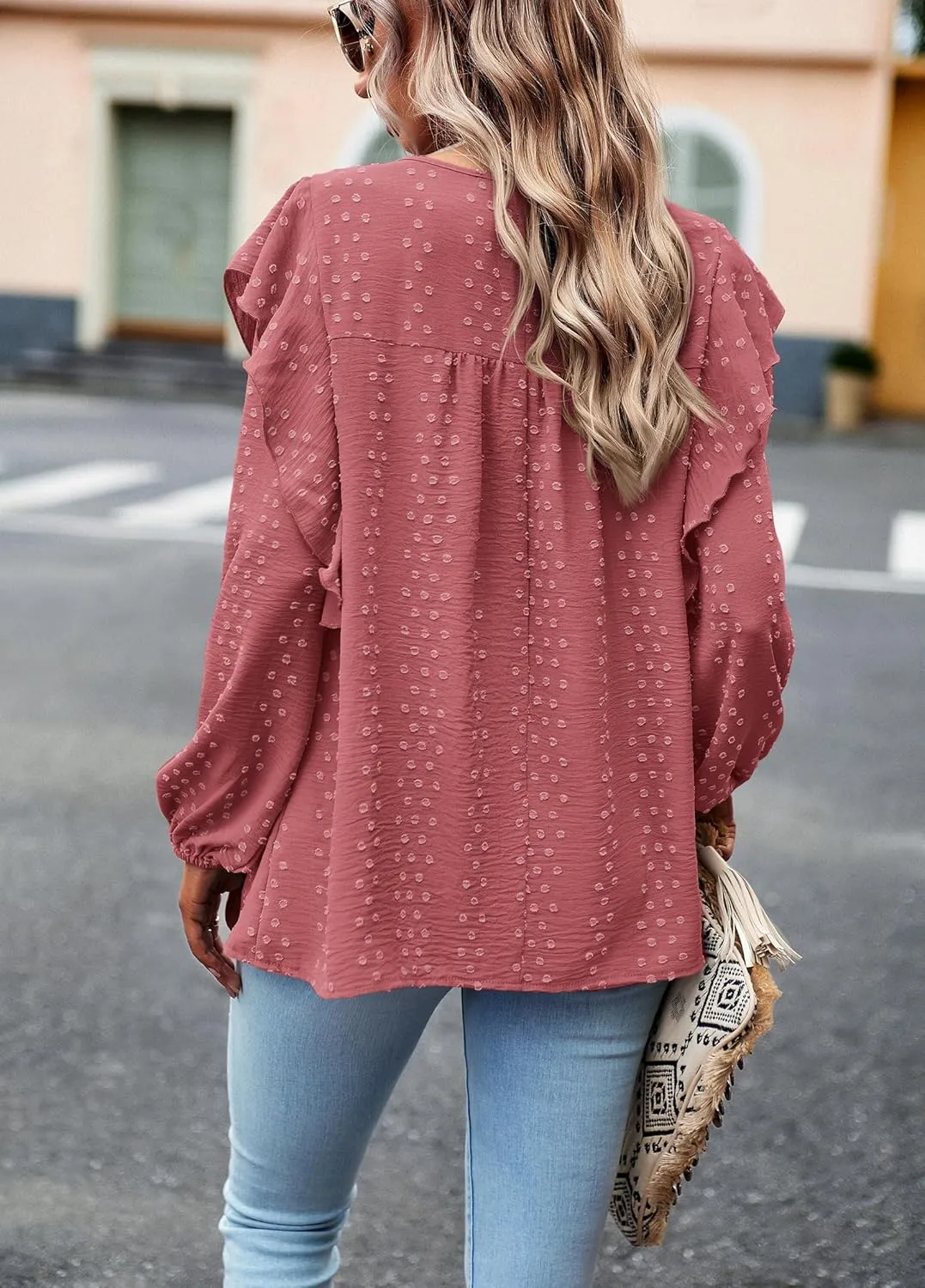 PRETTYGARDEN Women's Long Sleeve Blouses Ruffle Swiss Dot Crochet Loose Fit 2025 Spring Fall Tunic Dressy Casual Tops