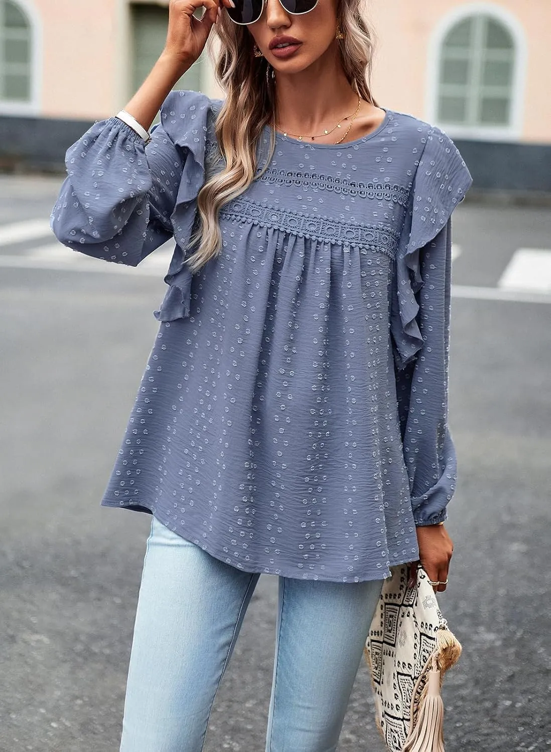 PRETTYGARDEN Women's Long Sleeve Blouses Ruffle Swiss Dot Crochet Loose Fit 2025 Spring Fall Tunic Dressy Casual Tops