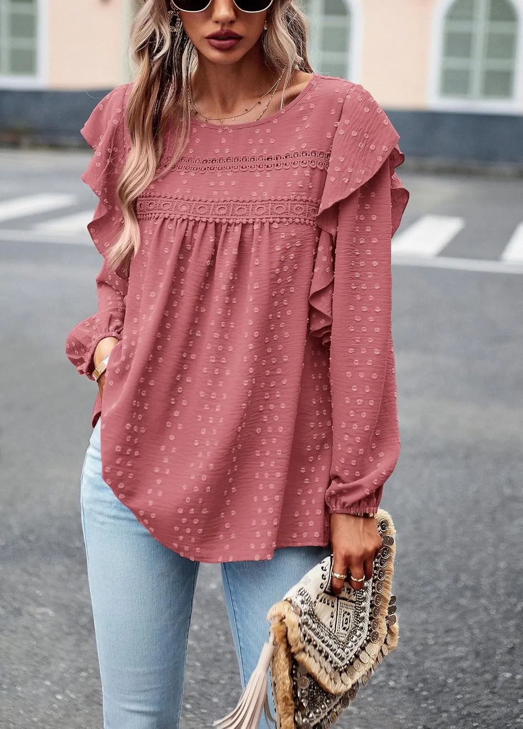 PRETTYGARDEN Women's Long Sleeve Blouses Ruffle Swiss Dot Crochet Loose Fit 2025 Spring Fall Tunic Dressy Casual Tops