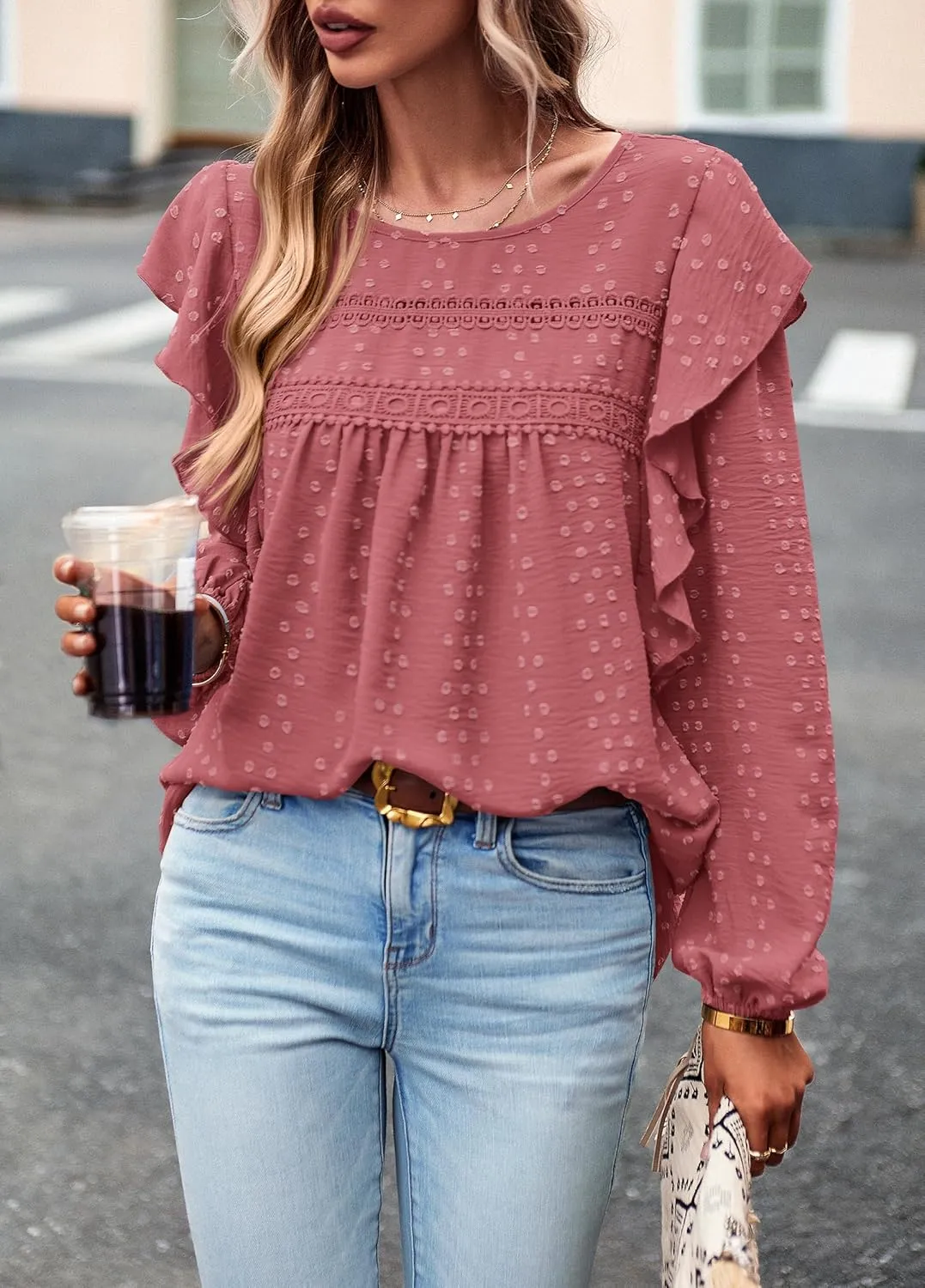 PRETTYGARDEN Women's Long Sleeve Blouses Ruffle Swiss Dot Crochet Loose Fit 2025 Spring Fall Tunic Dressy Casual Tops