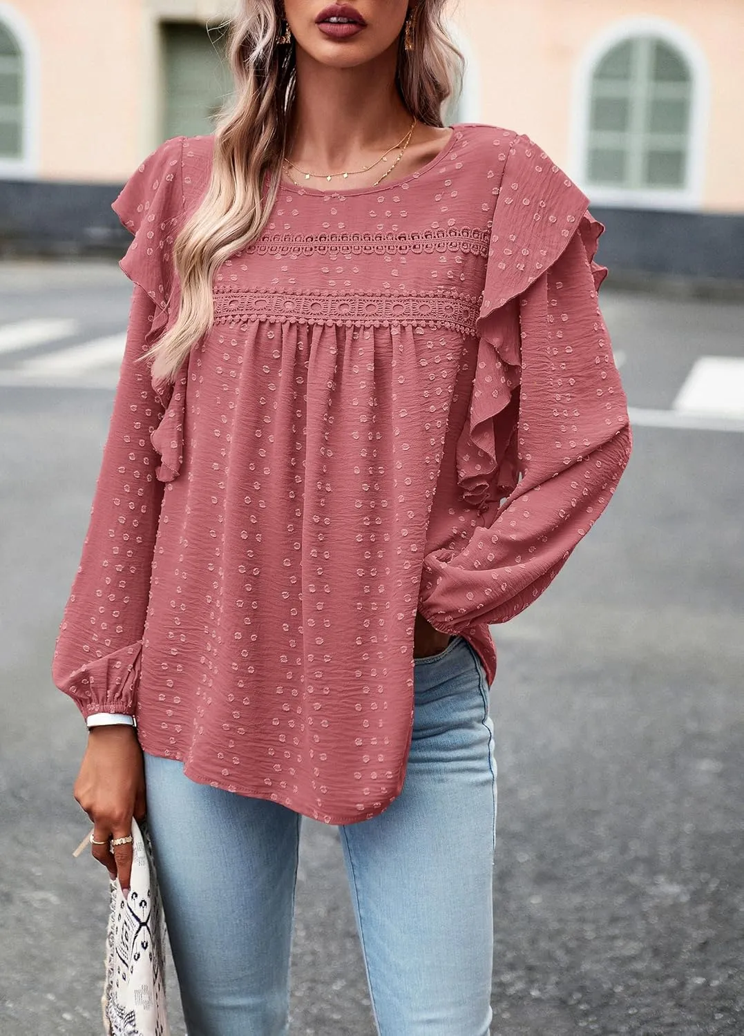 PRETTYGARDEN Women's Long Sleeve Blouses Ruffle Swiss Dot Crochet Loose Fit 2025 Spring Fall Tunic Dressy Casual Tops