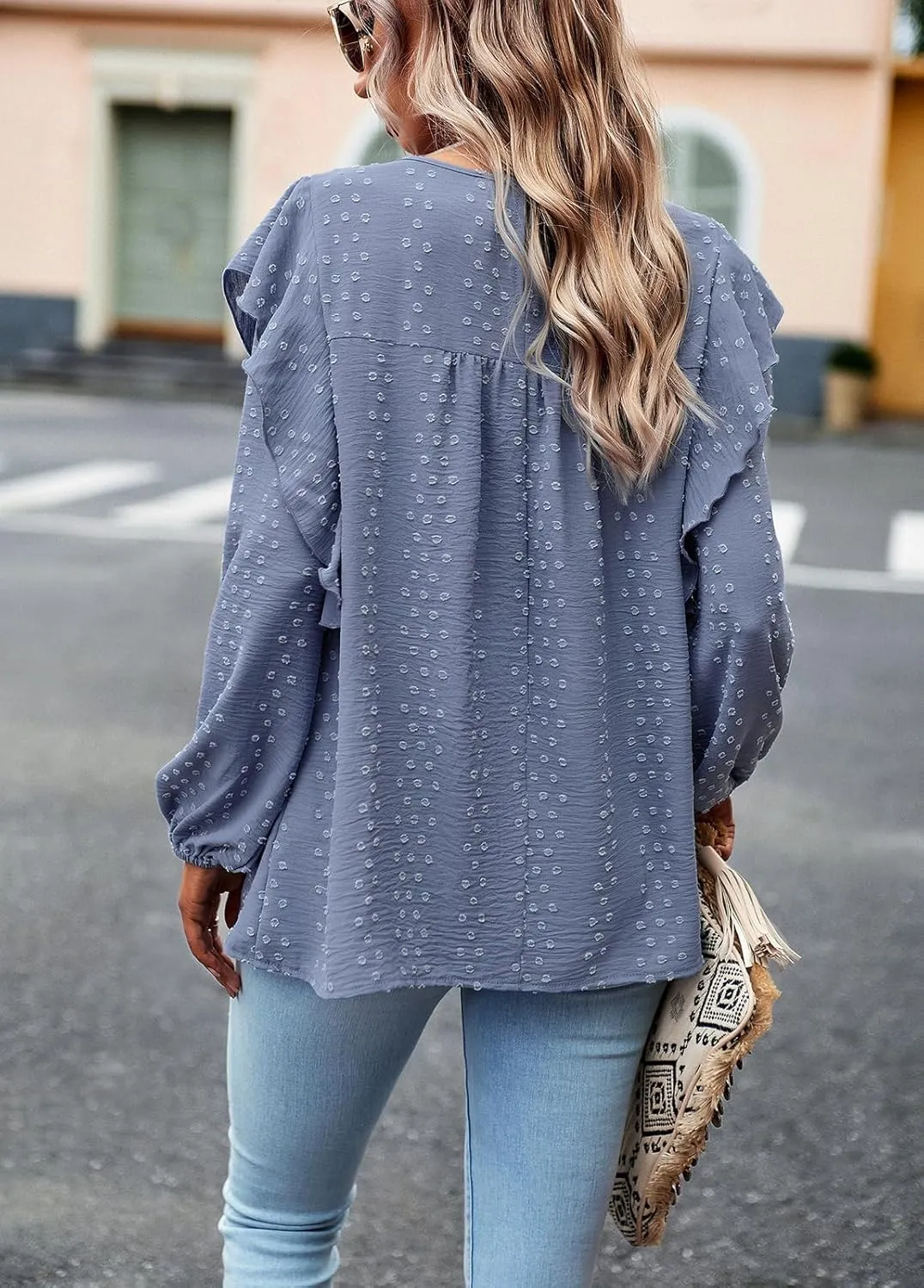 PRETTYGARDEN Women's Long Sleeve Blouses Ruffle Swiss Dot Crochet Loose Fit 2025 Spring Fall Tunic Dressy Casual Tops