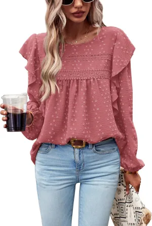 PRETTYGARDEN Women's Long Sleeve Blouses Ruffle Swiss Dot Crochet Loose Fit 2025 Spring Fall Tunic Dressy Casual Tops
