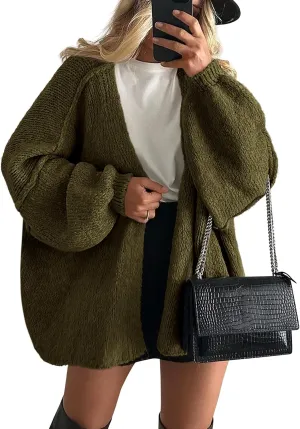 PRETTYGARDEN Womens Oversized Cardigan Sweaters 2025 Fall Long Lantern Sleeve Knit Open Front Lightweight Sweater