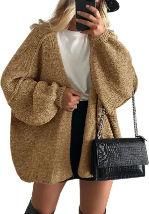 PRETTYGARDEN Womens Oversized Cardigan Sweaters 2025 Fall Long Lantern Sleeve Knit Open Front Lightweight Sweater