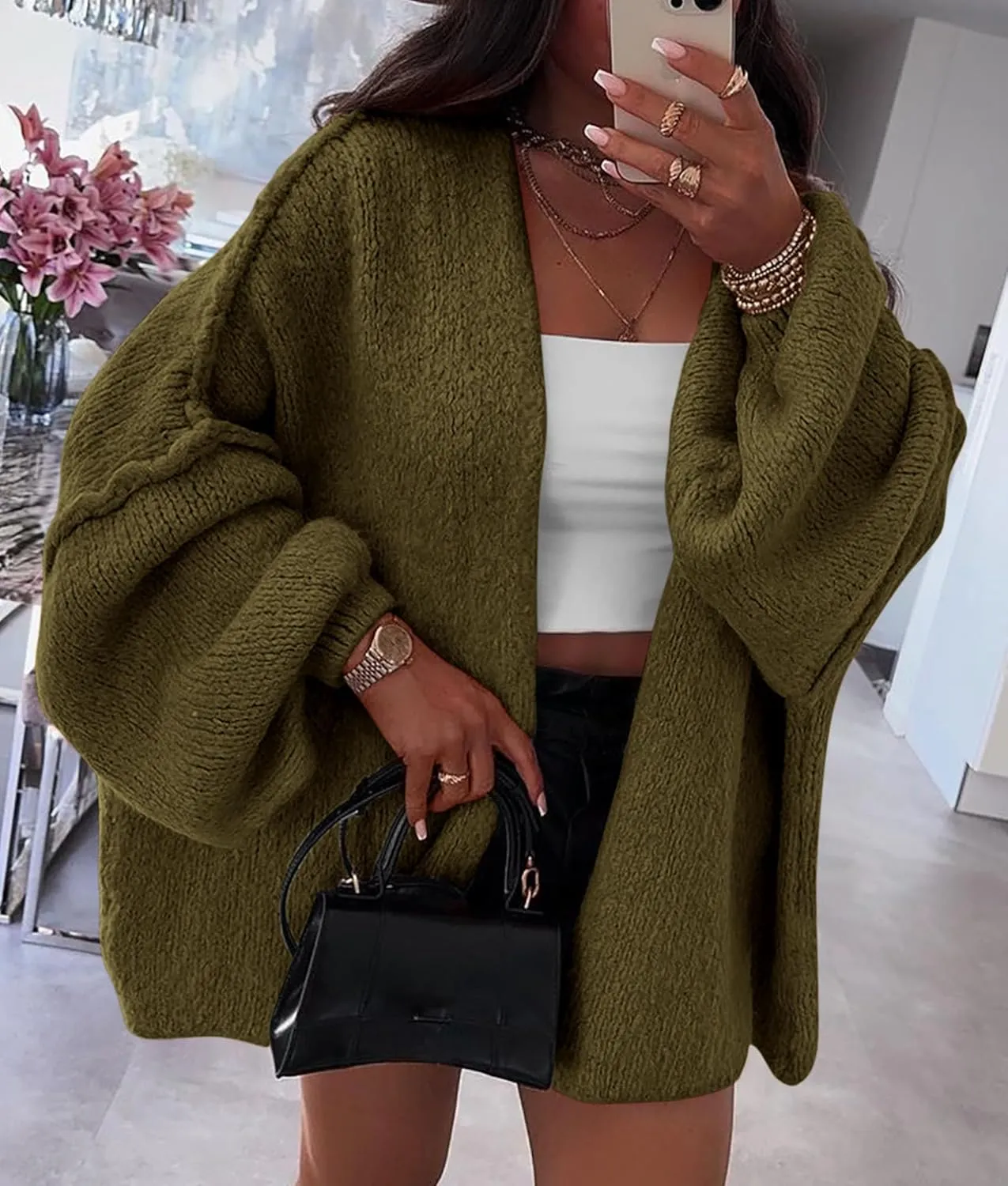 PRETTYGARDEN Womens Oversized Cardigan Sweaters 2025 Fall Long Lantern Sleeve Knit Open Front Lightweight Sweater