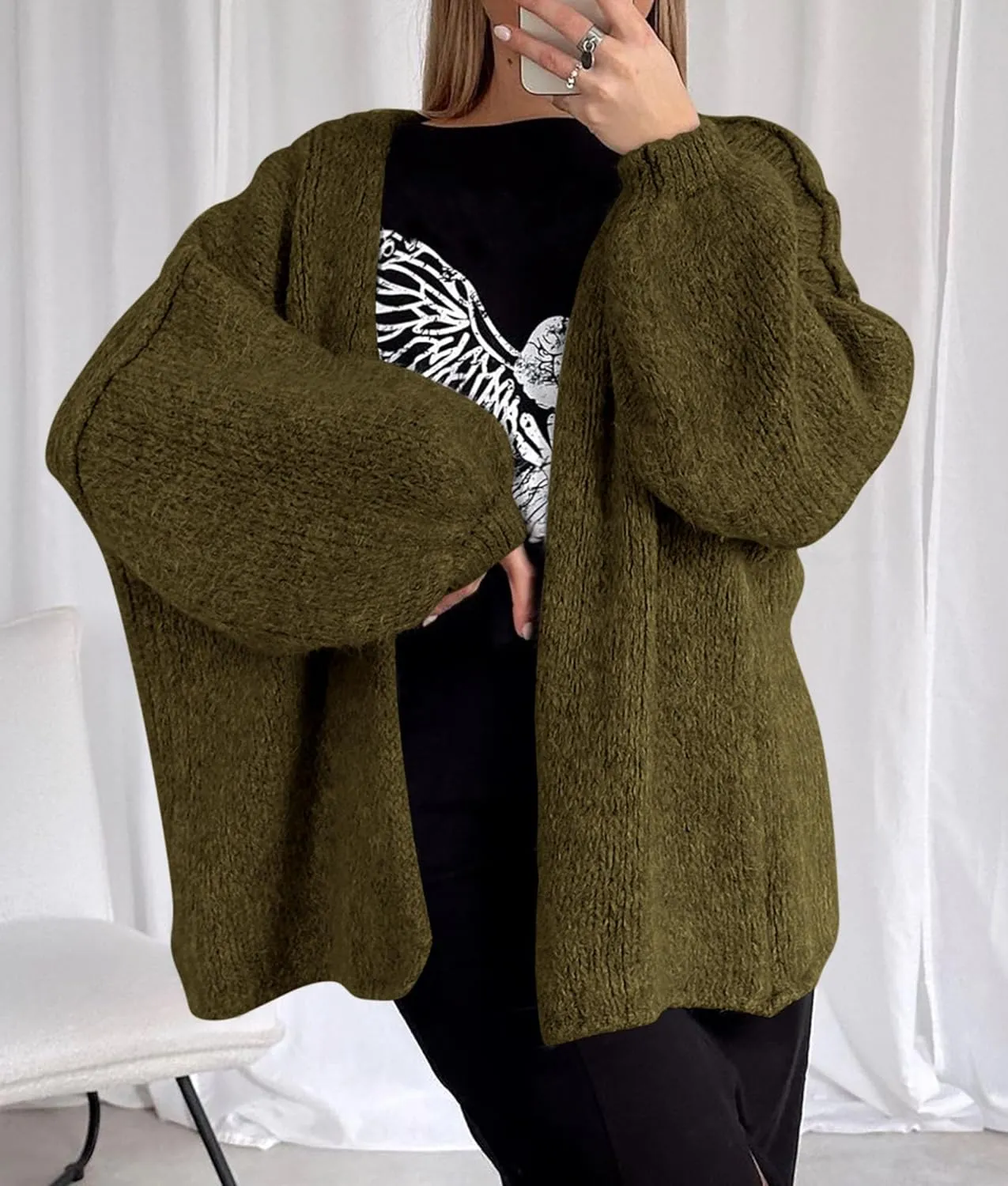 PRETTYGARDEN Womens Oversized Cardigan Sweaters 2025 Fall Long Lantern Sleeve Knit Open Front Lightweight Sweater