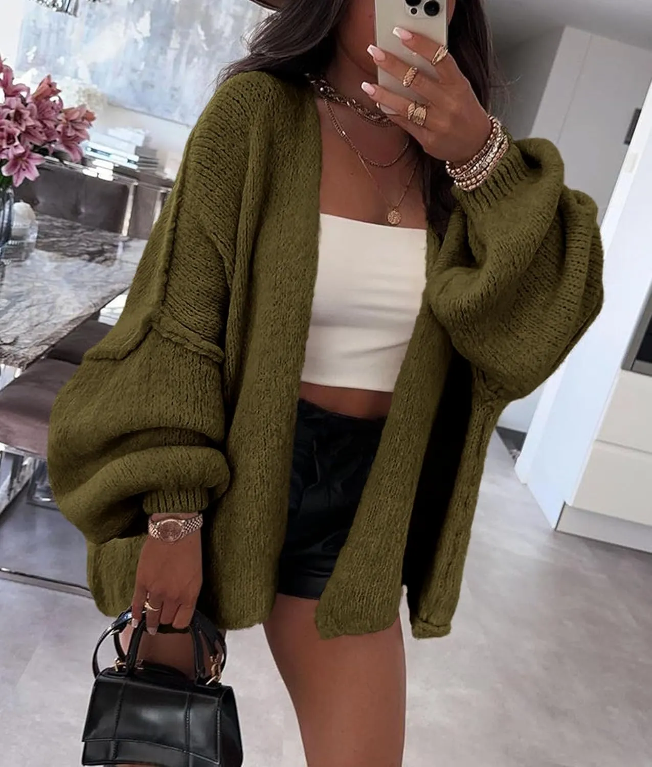 PRETTYGARDEN Womens Oversized Cardigan Sweaters 2025 Fall Long Lantern Sleeve Knit Open Front Lightweight Sweater