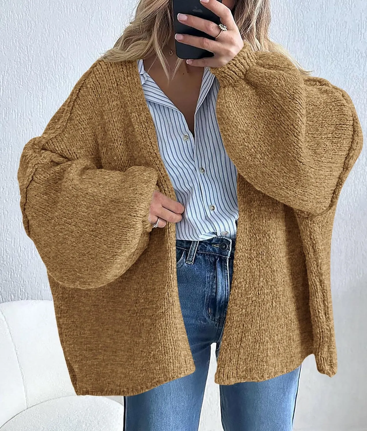 PRETTYGARDEN Womens Oversized Cardigan Sweaters 2025 Fall Long Lantern Sleeve Knit Open Front Lightweight Sweater