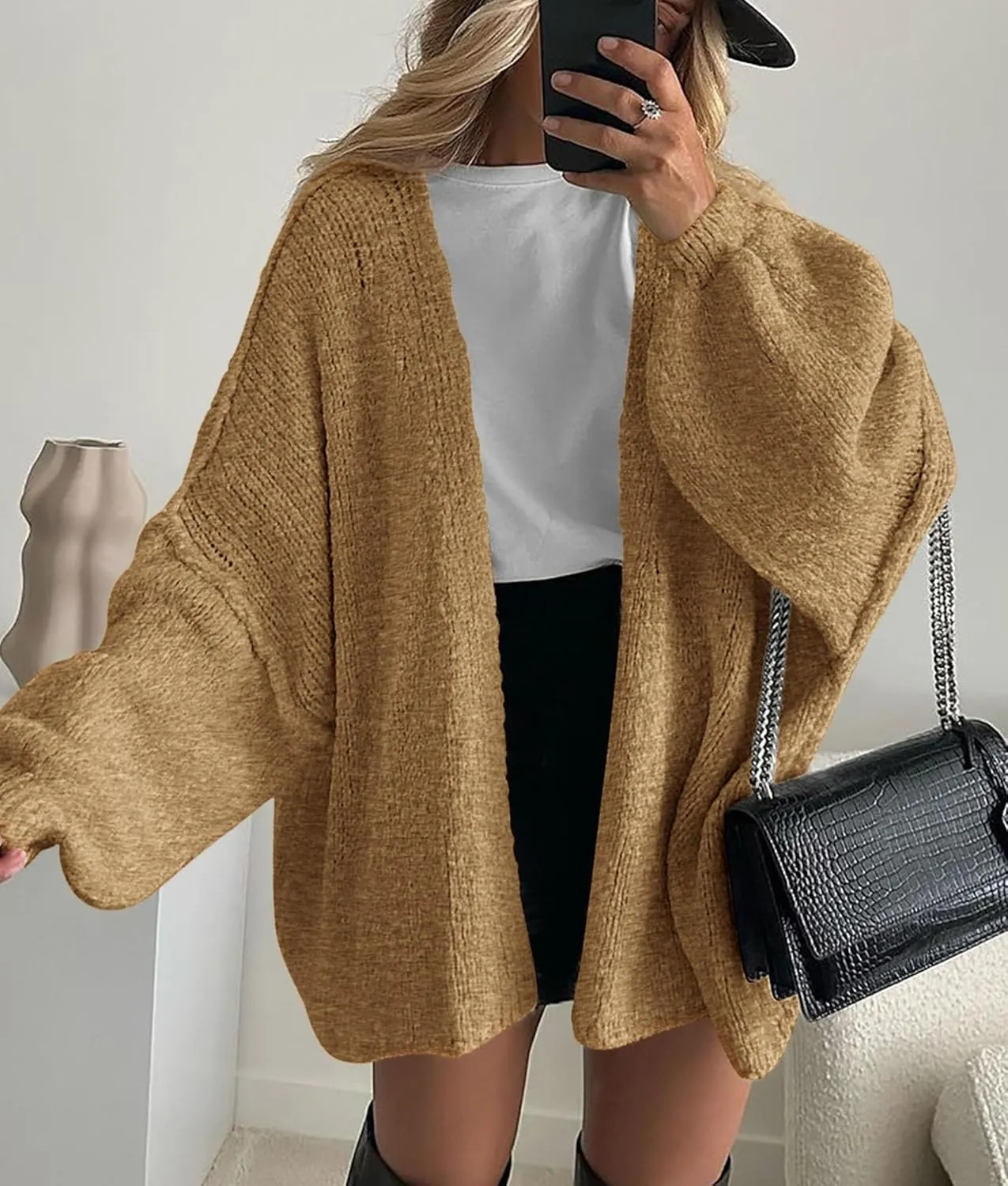 PRETTYGARDEN Womens Oversized Cardigan Sweaters 2025 Fall Long Lantern Sleeve Knit Open Front Lightweight Sweater