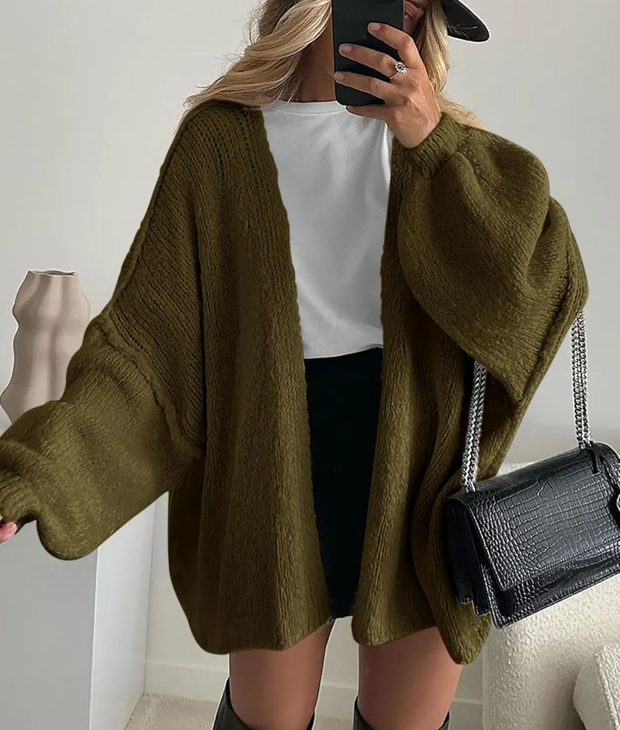 PRETTYGARDEN Womens Oversized Cardigan Sweaters 2025 Fall Long Lantern Sleeve Knit Open Front Lightweight Sweater