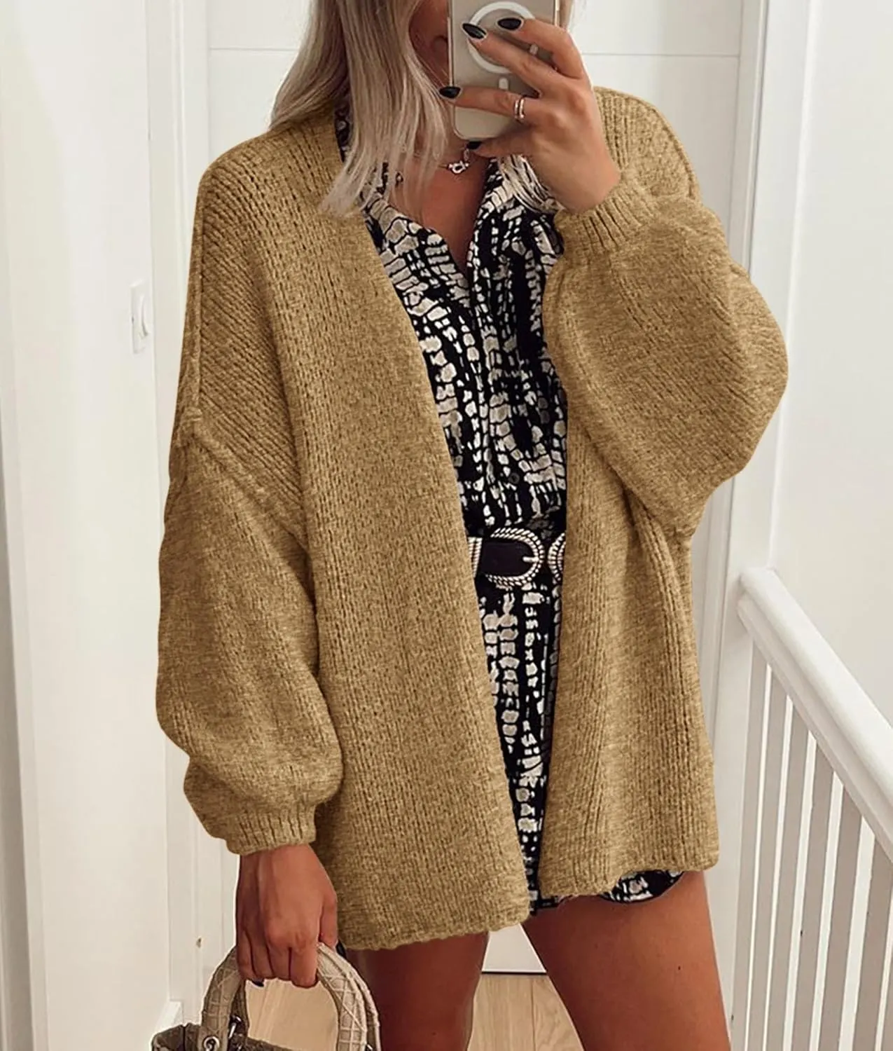 PRETTYGARDEN Womens Oversized Cardigan Sweaters 2025 Fall Long Lantern Sleeve Knit Open Front Lightweight Sweater