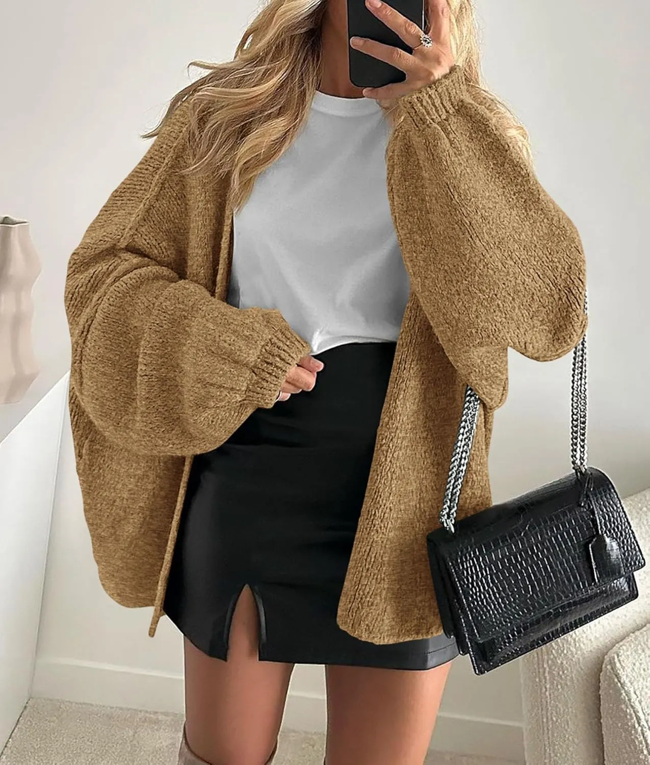 PRETTYGARDEN Womens Oversized Cardigan Sweaters 2025 Fall Long Lantern Sleeve Knit Open Front Lightweight Sweater