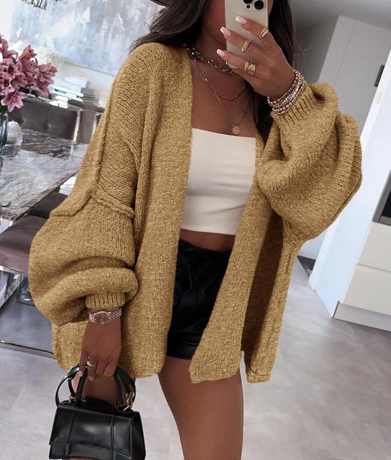 PRETTYGARDEN Womens Oversized Cardigan Sweaters 2025 Fall Long Lantern Sleeve Knit Open Front Lightweight Sweater