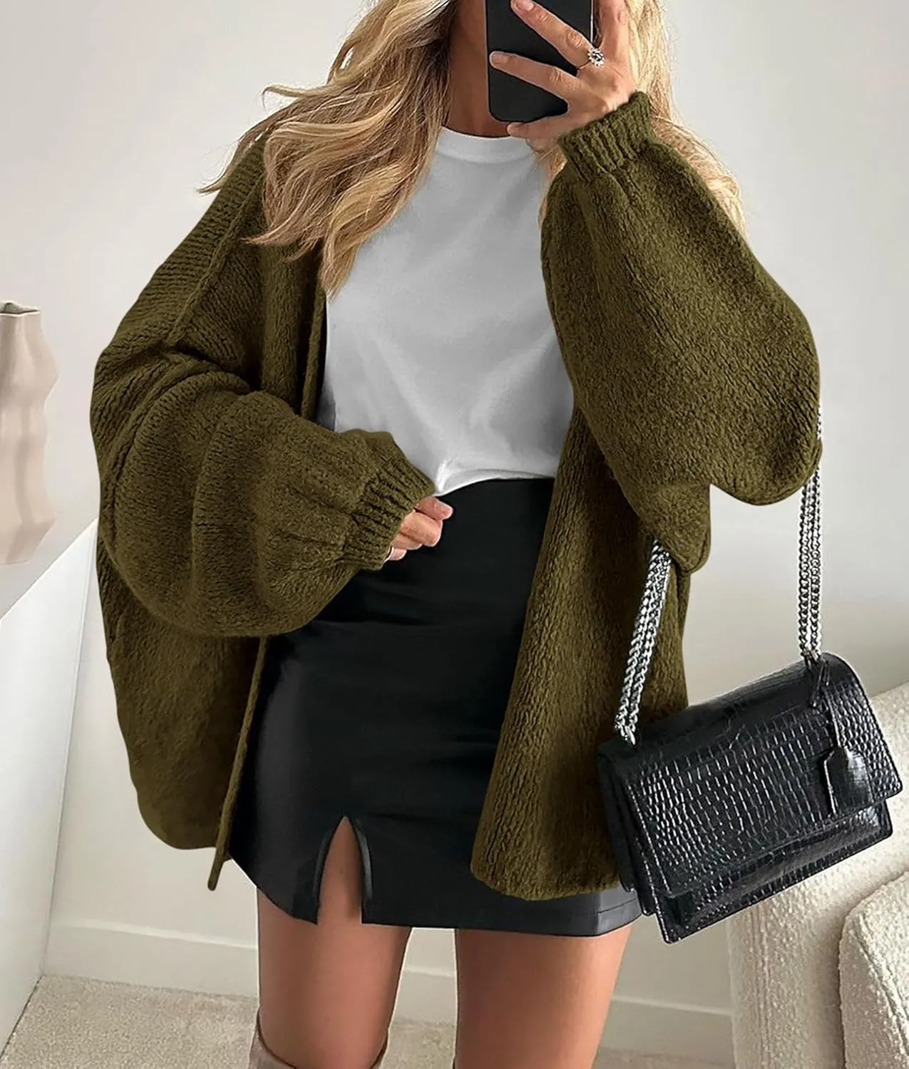 PRETTYGARDEN Womens Oversized Cardigan Sweaters 2025 Fall Long Lantern Sleeve Knit Open Front Lightweight Sweater