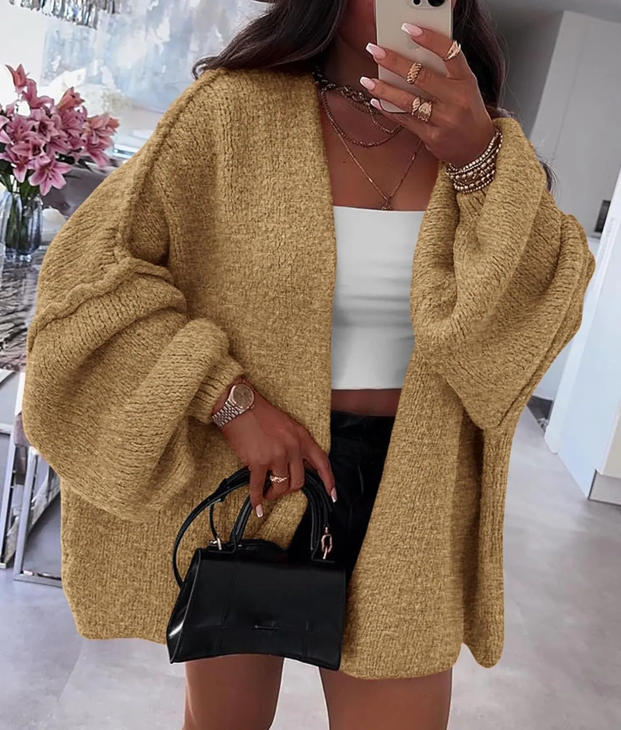 PRETTYGARDEN Womens Oversized Cardigan Sweaters 2025 Fall Long Lantern Sleeve Knit Open Front Lightweight Sweater