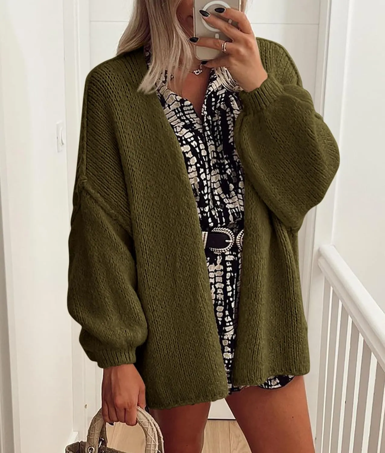 PRETTYGARDEN Womens Oversized Cardigan Sweaters 2025 Fall Long Lantern Sleeve Knit Open Front Lightweight Sweater
