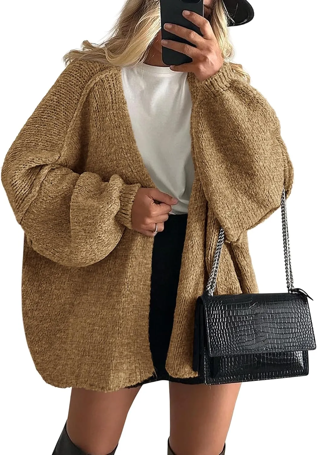PRETTYGARDEN Womens Oversized Cardigan Sweaters 2025 Fall Long Lantern Sleeve Knit Open Front Lightweight Sweater
