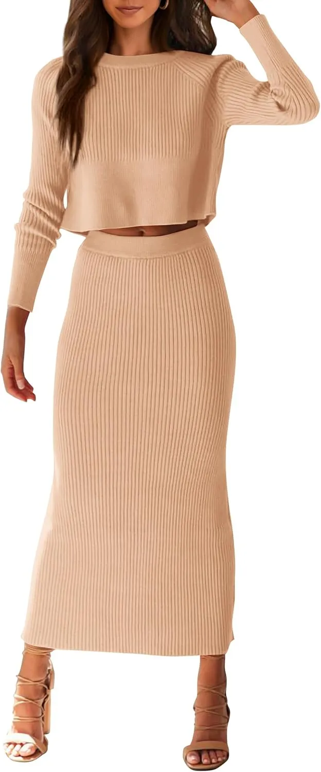 PRETTYGARDEN Women's Spring Fall 2 Piece Sweater Set Rib Knit Long Sleeve Crop Top Maxi Bodycon Skirt Casual Winter Outfits