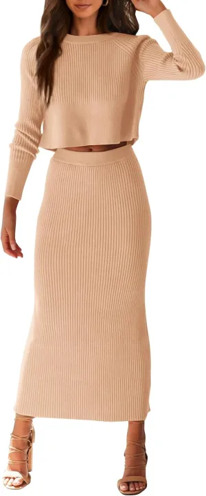 PRETTYGARDEN Women's Spring Fall 2 Piece Sweater Set Rib Knit Long Sleeve Crop Top Maxi Bodycon Skirt Casual Winter Outfits