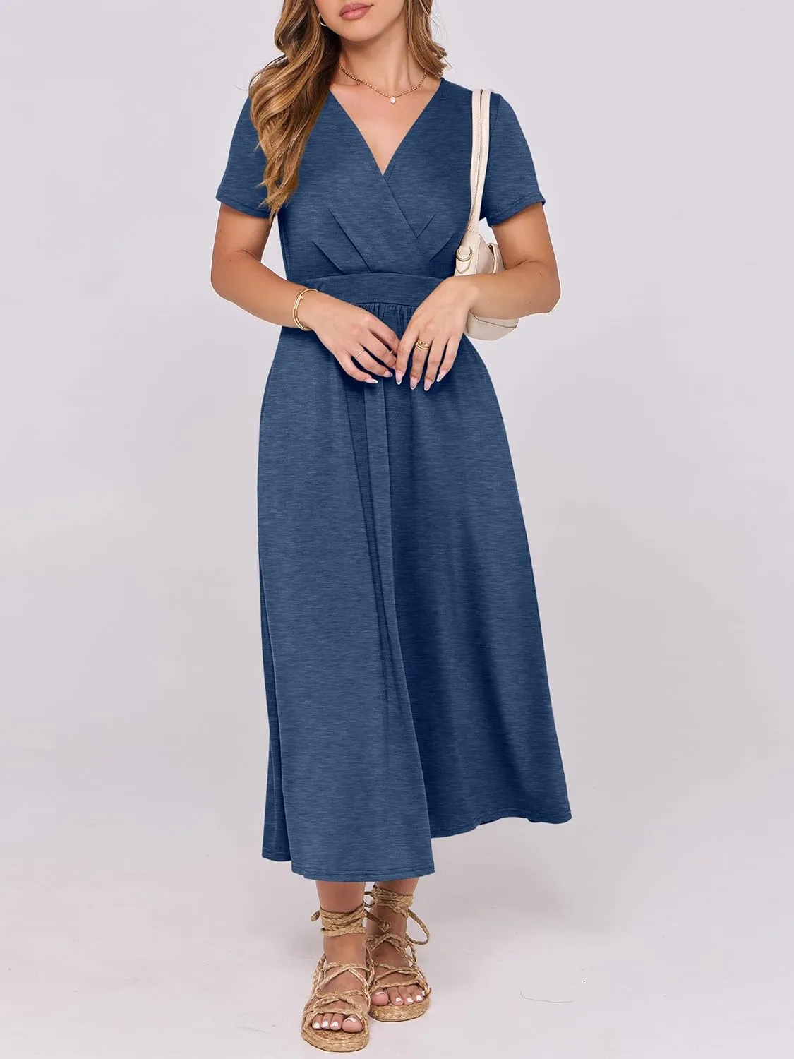Prinbara Womens Summer Casual Wrap Short Sleeve Floral Maxi Dress 2025 Spring Elegant V Neck Flowy Boho Beach Long Dresses