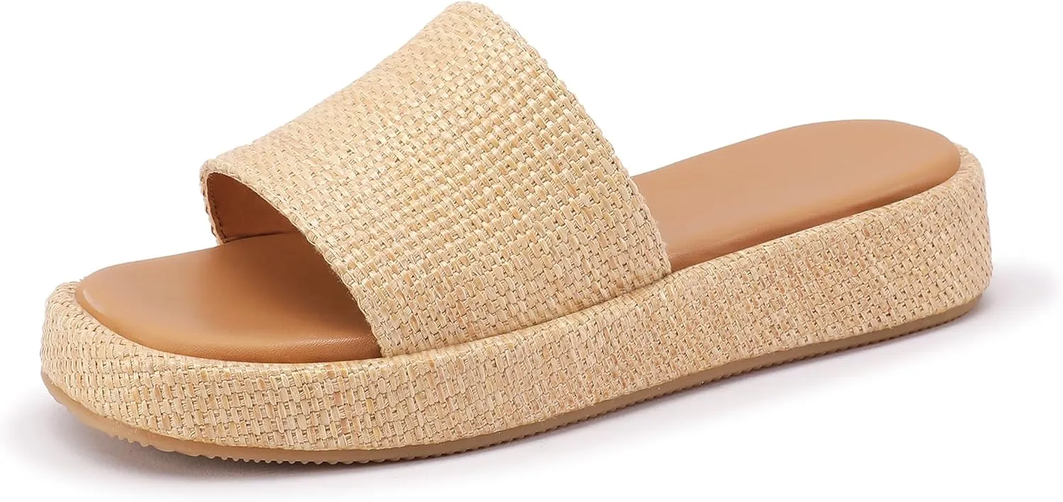 Raffia Sandals Women Platform Wedge Slides Straw Espadrilles Mules Summer Shoes Cute Beach Sandals for Women 2025