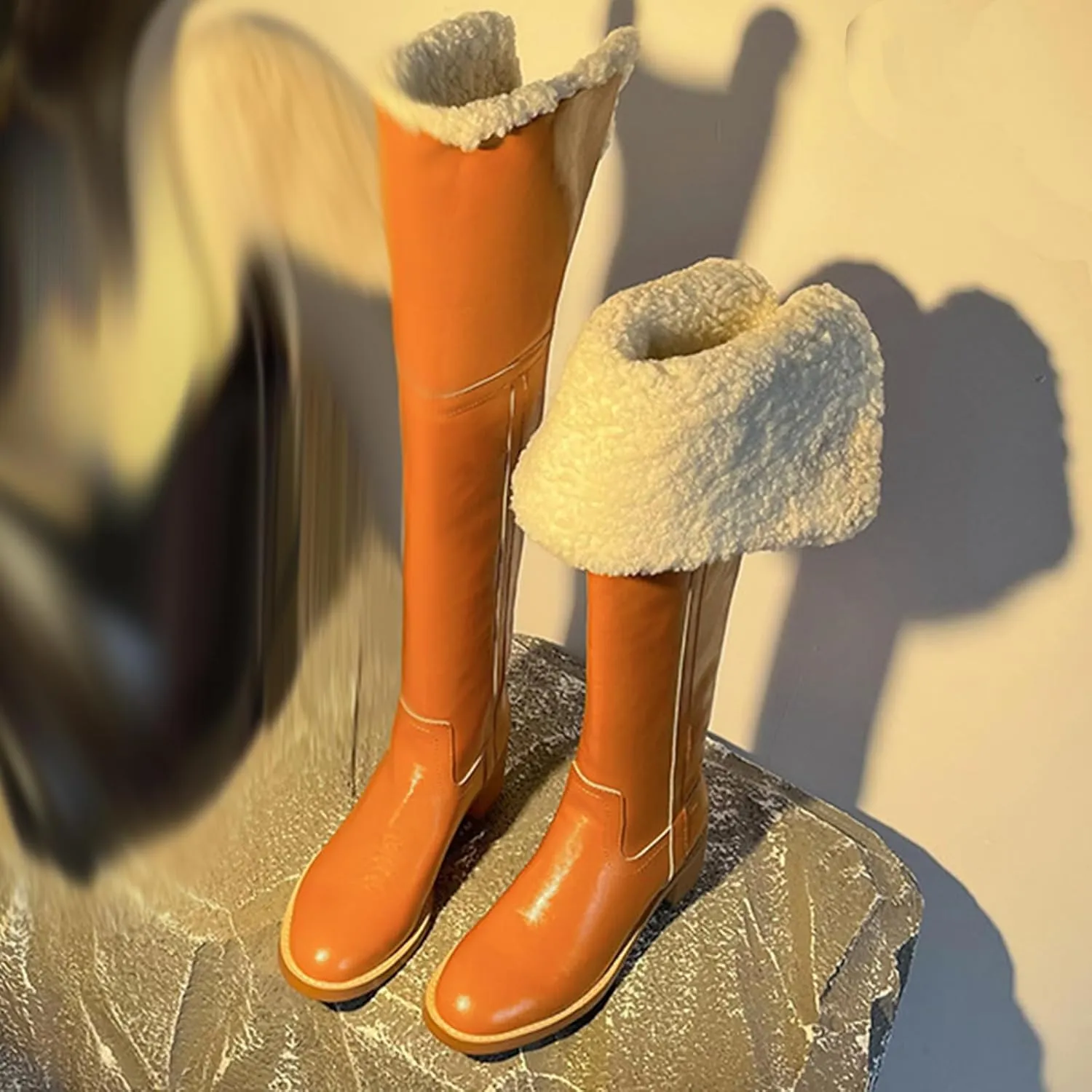 Raw Edge Low Heel Snow Boots, Round Toe Thick Bottom Zipper Knee Boots Short Plush Lined Warm Straight Boots Turn-Up Two-Way Wear Practical High Boots