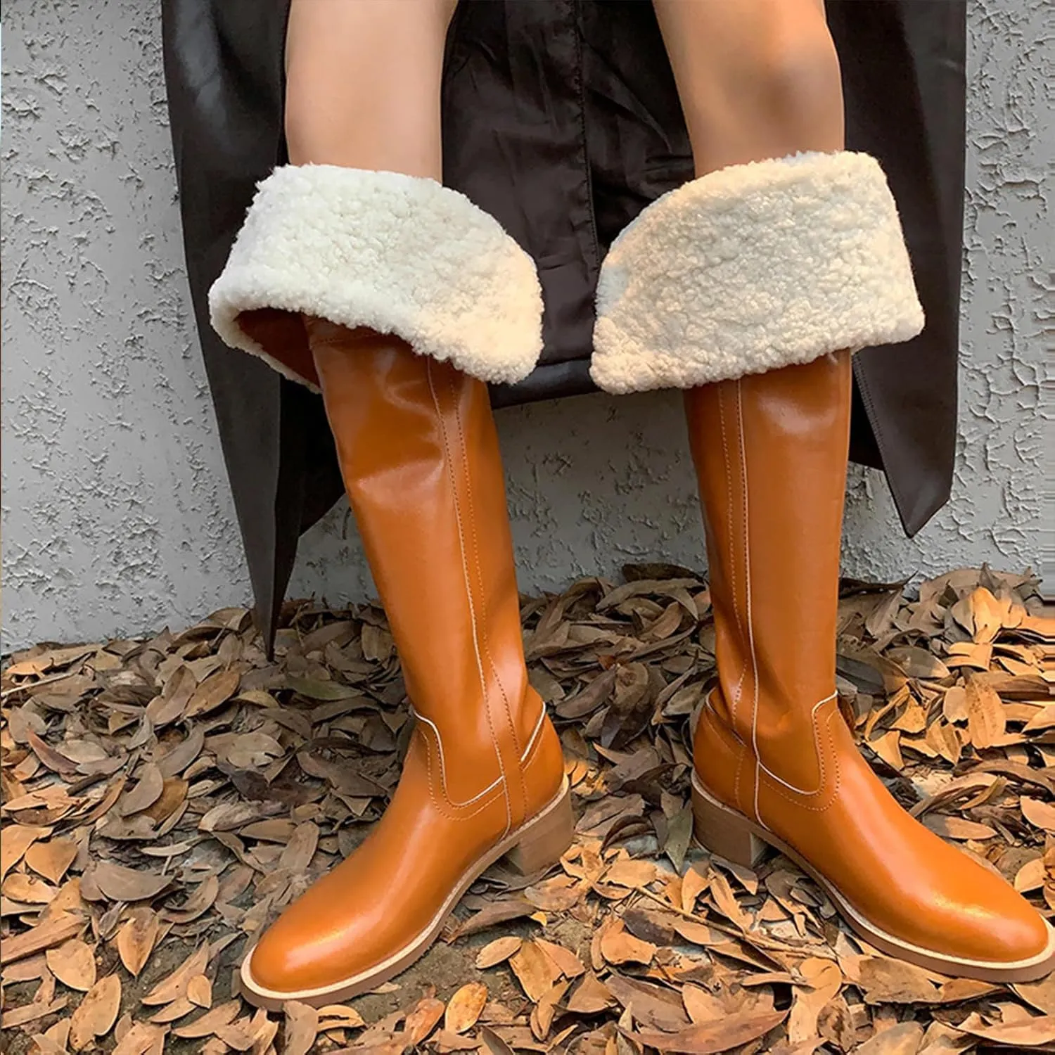 Raw Edge Low Heel Snow Boots, Round Toe Thick Bottom Zipper Knee Boots Short Plush Lined Warm Straight Boots Turn-Up Two-Way Wear Practical High Boots
